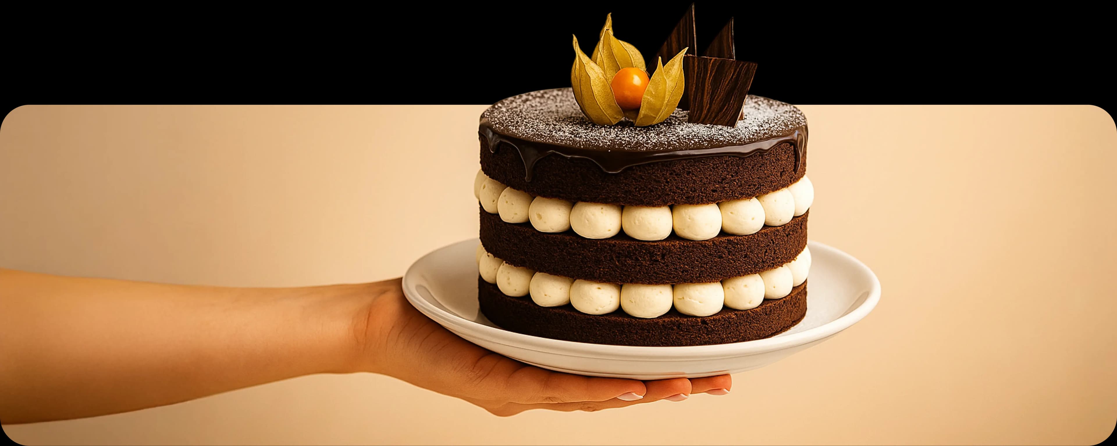 Рука держит ложку, из которой стекает соус на изысканно сервированное блюдо на тарелке, на фоне приглушённого интерьера и человека в белой рубашке.