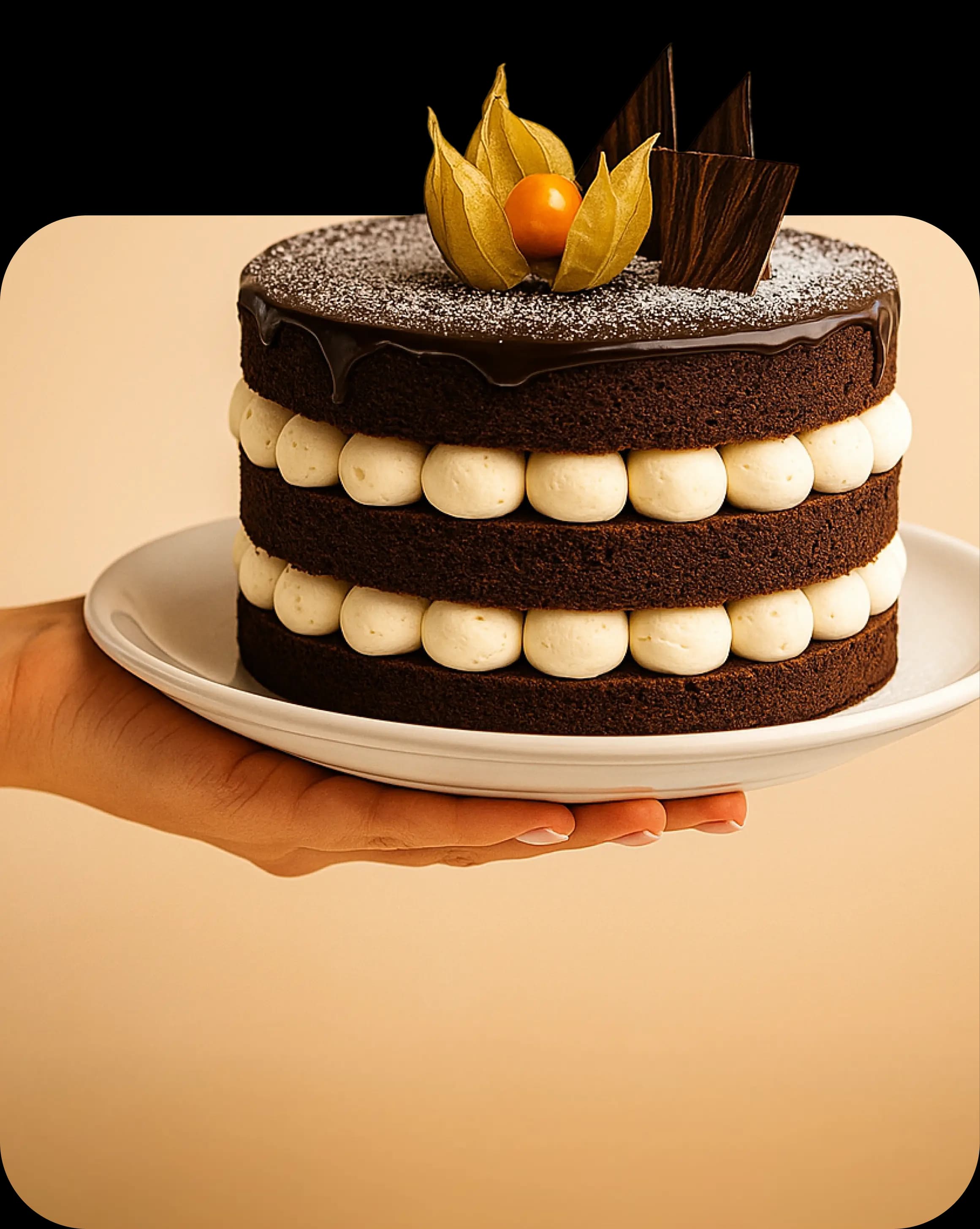 Рука держит ложку, из которой стекает соус на изысканно сервированное блюдо на тарелке, на фоне приглушённого интерьера и человека в белой рубашке.