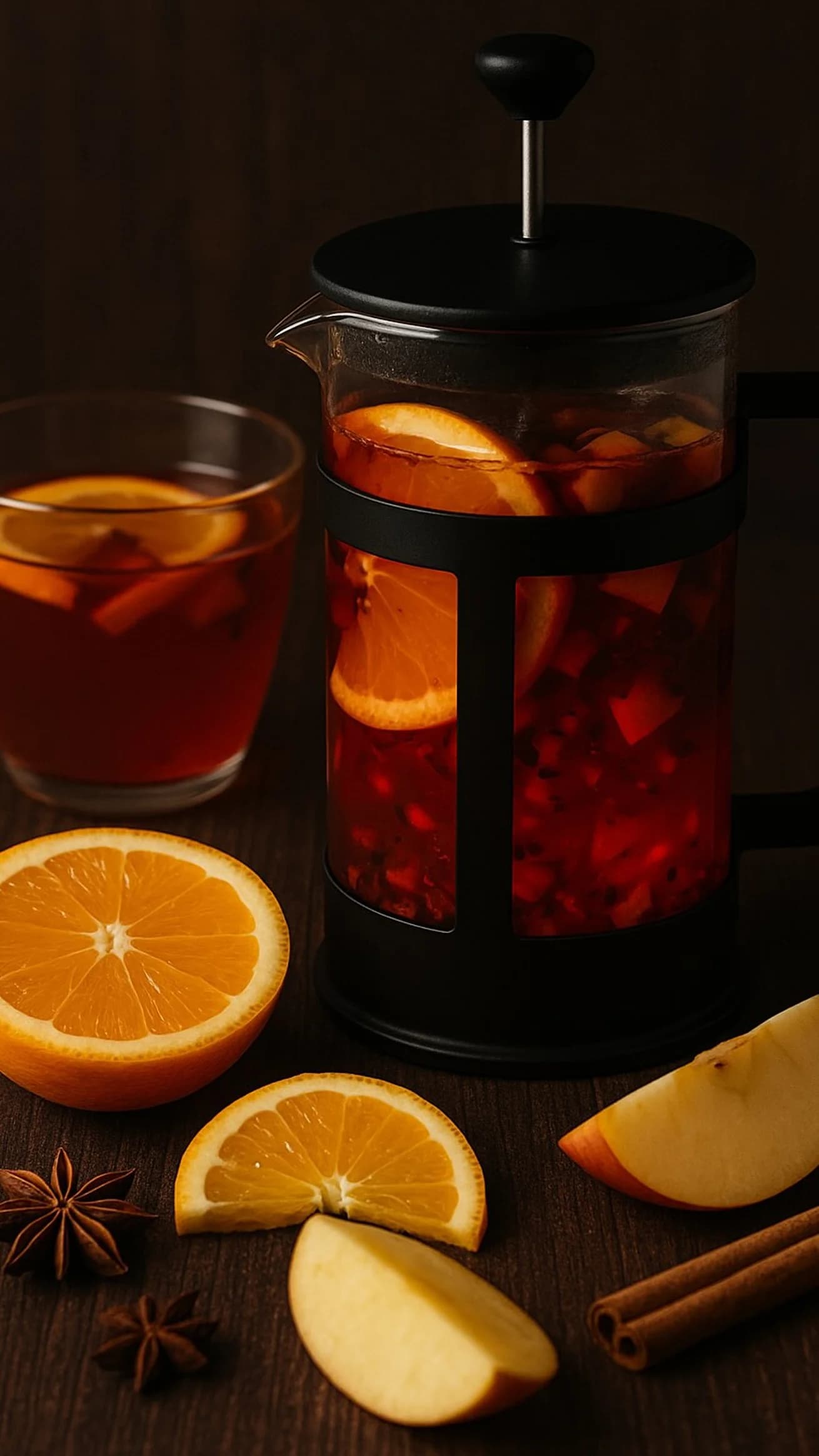 Стеклянный пресс-френч с фруктовым чаем и ломтиками апельсина и яблока.