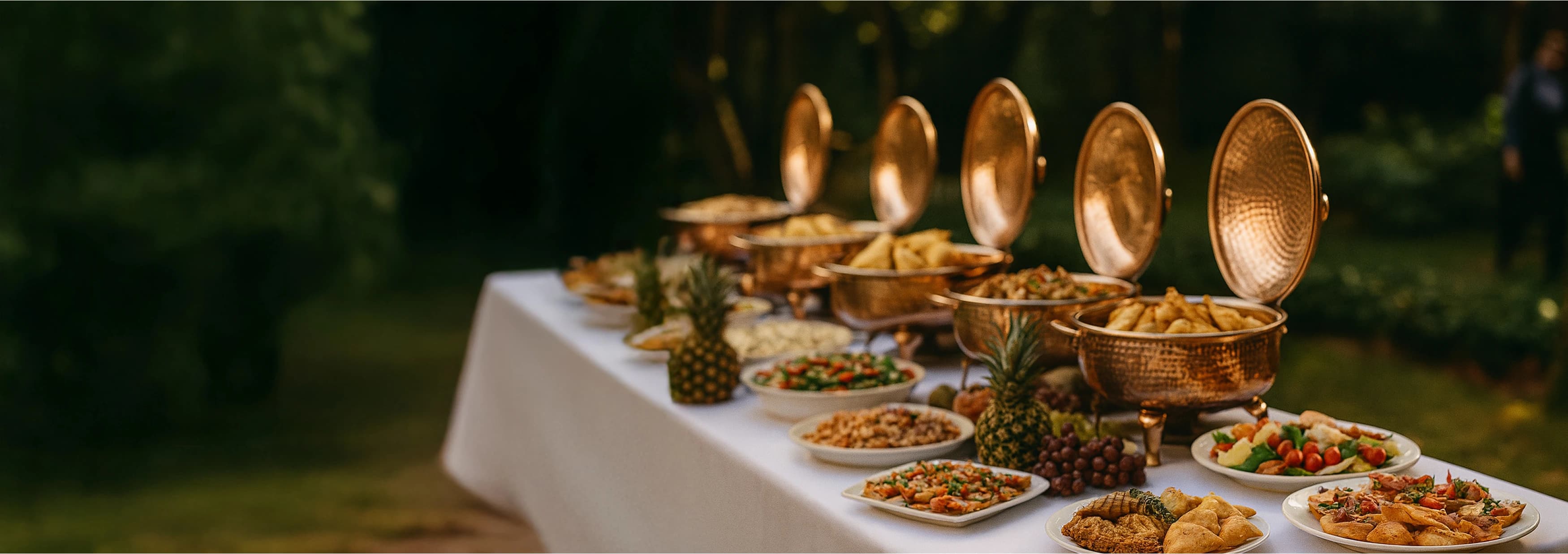 Фуршетный стол на открытом воздухе с блюдами, фруктами и медными подносами.