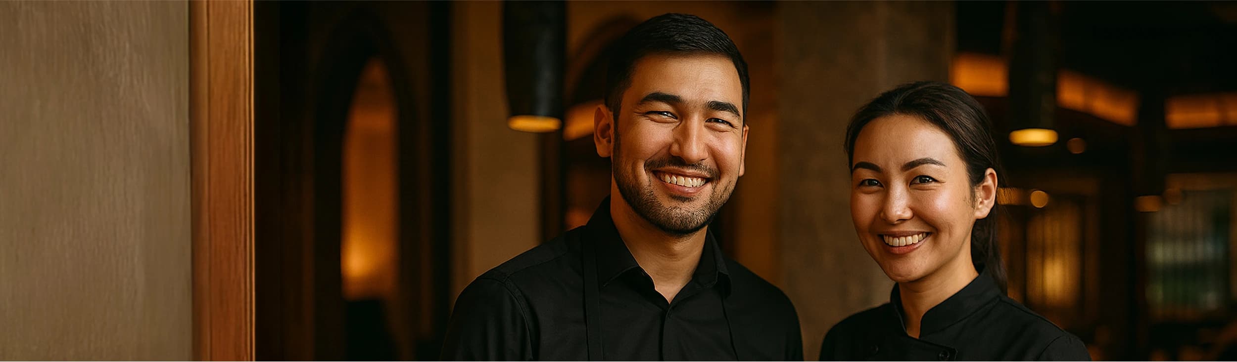 Групповой портрет персонала ресторана: семь человек — три мужчины и четыре женщины — в чёрной униформе с золотистым логотипом стоят плечом к плечу на фоне стильно оформленного интерьера с барной зоной и тёплым освещением.